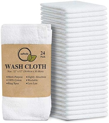 Softolle 100% Cotton Ring Spun Wash Cloths &ndash; Bulk Pack of Washcloths &ndash; 12x12 Inches &ndash; Wash Cloth for Face, Highly Absorbent, Soft and Face Towels (White, 24 Pack.