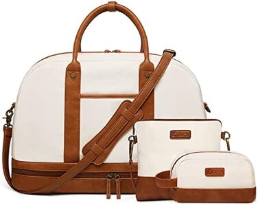 BOLOSTA Weekender Bag for Women Canvas Overnight Bag Large Travel Tote Bag Carry on Shoulder Duffle Bag With Shoe Compartment,Perfect for Travel/Daily Use/Birthday Gift &hellip;, Beige.