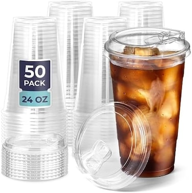 Fit Meal Prep [50 Pack] Disposable Strawless Plastic Cups with Lids - 24 Oz Clear Plastic Cups and Sippy Cups Lids, Perfect Eco-Friendly To Go Cups for Iced Coffee, Smoothies, Soda Party Drinks and Ca