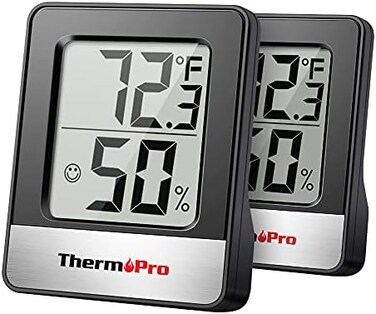 ThermoPro TP49 قطعتان مقياس رطوبة رقمي داخلي مقياس رطوبة مقياس رطوبة صغير مع مراقبة درجة الحرارة والرطوبة مقياس حرارة الغرفة أسود.