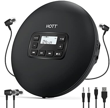 HOTT CD204 Portable CD Player, Personal Compact CD Player with Headphones, Anti-Skip/Shockproof for Home Travel and Car, Small Music CD Walkman with LCD Display for Adults Students Kids-Black.