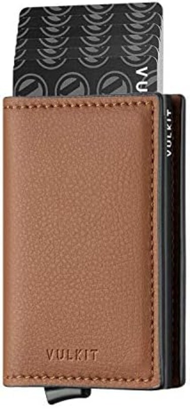 VULKIT Credit Card Holder RFID Blocking Leather Automatic Pop Up Wallet Aluminum Slim Pocket Bifold Business Card Case.