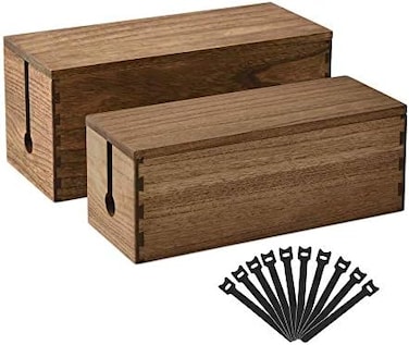 KIRIGEN Cord Management Box Wooden - Cable Organizer Hide Power Strips,Electrical Plugs - Desk Wires Station Protector for TVs,Computers,Power CordsBricks,Phone Ghargers(Set of 2,Dark Brown.