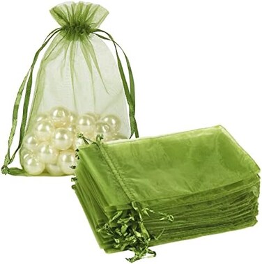 HRX Package 100pcs Organza Drawstring Bags Olive Green, 4 x 6 inch Candy Mesh Gift Bags Jewelry Pouches Small Christmas Sachet.