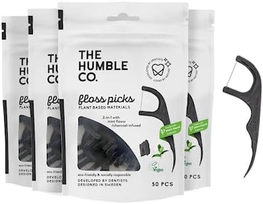 The Humble Co. Floss Picks (200 Count&ndash; Plant Based Dental Floss Picks for Superior Oral Care, Dental Hygiene, and Gum Health, Cruelty Free Tooth Floss Picks (Charcoal, Single Thread.