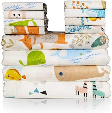 Omilion Baby Swaddle Blanket and Washcloths Set,12 Pieces Muslin Bamboo Baby Swaddle Wrap and Wash Cloths Unisex for Boys and Girls, 4 Pack for 40 x 40 Inches and 8 Pack for 9 x 9 Inches.