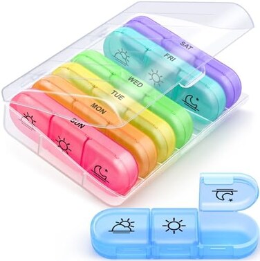ZIKEE Weekly Pill Organizer 3 Times A Day, Compact Pill Box 7 Day with Roomy Pill Case and Sturdy Design for Managing Your Vitamins, Fish Oils, Supplements and Medications.