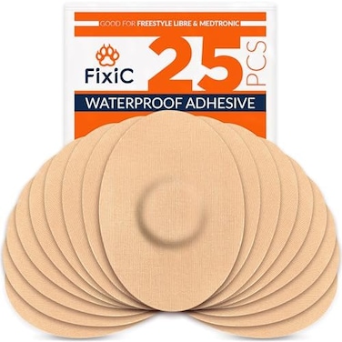 FixiC Freestyle Adhesive Patches 25 PCS &ndash; Good for Libre 1, 2, 3Plus &ndash; G7Stelo &ndash; Guardian &ndash; Waterproof Adhesive Patches &ndash; Libre Adhesive Covers &ndash; Pre-Cut &ndash; Best Fixation for Your Sensor. (Tan.