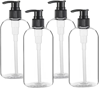 Vioetry Empty Plastic Pump Bottles Dispenser 4 pack 16oz/500ml Portable Clear BPA-FREE Cylinder Shampoo Lotion Hand Pump Bottle Durable Refillable Containers for Massage Oil, Liquid Soap.