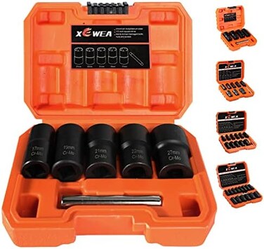 XEWEA Twist Socket Set with Center Punch Bar, 6PCS 1/2" Drive Metric Lug Nut Remover Tools for Broken, Stripped, Rounded BoltsNuts Screws -17mm 19mm 21mm 22mm 27mm.