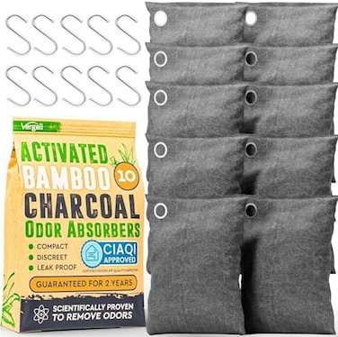 Vergali Activated Charcoal Odor Absorber 10x3. 5oz w Hooks. Nature Fresh Bamboo Charcoal Air Purifying Bag. Home Car Closet Air Freshener Deodorizer Strong Odor Eliminator for Room, Drawer, Smoke Smel