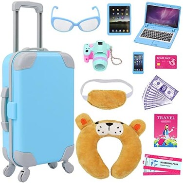 ZITA ELEMENT 22 Pcs 18 Inch Boy Doll Clothes Suitcase Set for 18 Inch Boy Doll Accessories Travel Carrier Storage, Including Suitcase Pillow Blindfold Sunglasses Camera Computer.