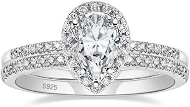 EAMTI 1. 5CT 925 Sterling Silver Wedding Band Teardrop Bridal Rings Sets Halo Cubic Zirconia Solitaire Promise Engagement Rings for Women Size 3-13.