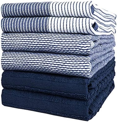 Bumble Towels Kitchen Hand Dish Tea &ndash; Bulk Set of 6 &ndash; Luxe, Soft, Durable Ring Spun Cotton with 3 Different Textures &ndash; Extra Large 20" x 28" / 50 x 70 cm Size (Blue.