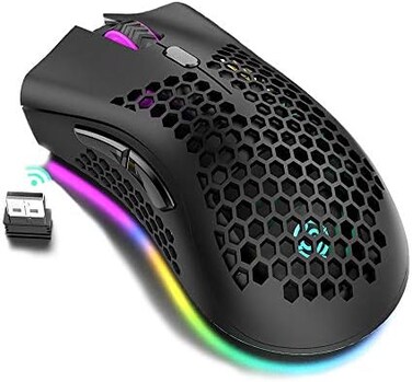 Attoe Tobo Lightweight Gaming Mouse Honeycomb Design Rechargeable Wireless Gaming Mouse with USB Receiver RGB Backlight Computer Mouse for Laptop PC (Black.