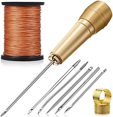 WILLBOND 6 Pieces Canvas Leather Sewing Awl Needle with Copper Handle, 50 m Nylon Cord Thread and 2 Pieces Thimble for Handmade Leather Sewing Tools Shoe and Leather Repair.