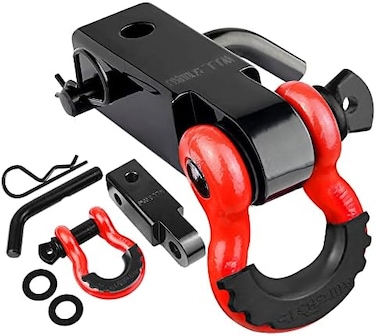 AUTOBOTS Tow Hitch Receiver 2", 35,000 Lbs Break Strength Heavy Duty Receiver with 5/8" Screw Pin, 3/4 Shackle, Towing Accessories for Vehicle Recovery Off-Road RedBlack.