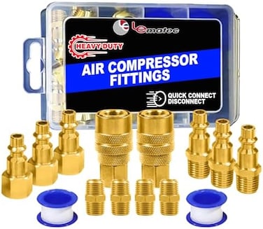 LE LEMATEC Air Compressor Fittings, Air Compressor Hose Kit, 15pcs Air Line Fittings and 1/4 inch NPT Quick Connects.
