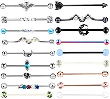 Fanpei 17pcs 14G Stainless Steel Long Industrial Barbell Earrings Cartilage Helix Conch Body Piercing Jewelry (Mix 18pcs.