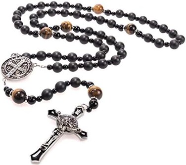 Sinai Rosaries St Benedict Black Rosary Beads Catholic &ndash; Rugged Onyx Rosary &ndash; Handcrafted Stone Antique Rosary with Stainless Steel St Benedict Crucifix and Medal - Rosarios Catolicos para Hombre, Gem