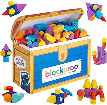 Blockaroo Magnetic Foam Building Blocks &ndash; STEM Preschool Toys for Babies, Toddlers, Boys and Girls, The Ultimate Bath Toy &ndash; 100 Piece Set with Toy Chest.
