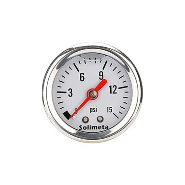 مقياس ضغط الوقود Solimeta 1.5 بوصة بحجم القرص، 1/8 NPT، خطي، علبة من الفولاذ المقاوم للصدأ 304، 0-15 رطل لكل بوصة مربعة، /-3-2-3%.