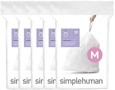 simplehuman Code M 100 Liners, 50% Recycled Custom Fit Bin Bags in Dispenser Packs with Durable Drawstring Tie Handle, 45L, White.