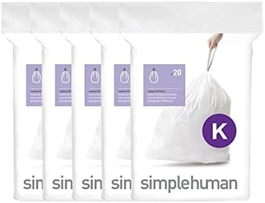 simplehuman Code K Custom Fit Drawstring Trash Bags in Dispenser Packs, 100 Count, 35-45 Liter / 9-12 Gallon, White.