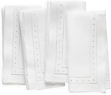 O'lucio Authentique Home Linen Napkins Cloth - White 18 x 18 inch, Set of 4 Linen Hemstitch Dinner Napkins with Embroidered Swiss Dot - Cloth Napkin Washable from French Linen Perfect for Spring, Summ
