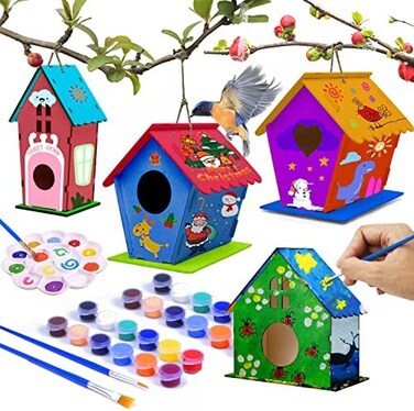 hapray 4 Pack Bird House Kit, DIY Birdhouse Kits, Wooden Crafts Arts for Children to Build and Paint (Includes PaintsBrushesfor Kids Girls Boys Toddlers.