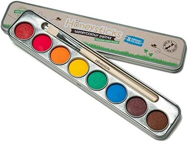 Honeysticks Non-Toxic Watercolor Paint Set for Kids and Toddlers - 8 Vibrant and Long Lasting Colors with Brush - Natural and Food Grade Ingredients - Child Safe Art Supplies - Great Gift Idea.