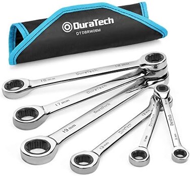 DURATECH Double Box End Ratcheting Wrench Set, Metric, 6-Piece, 8-19mm, Chrome Vanadium Steel Construction with Rolling Pouch.