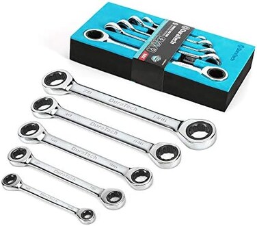 DURATECH Double Box End Ratcheting Wrench Set, SAE, 5-Piece, 5/16" to 7/8", Chrome Vanadium Steel, with EVA Foam Tool Organizer.