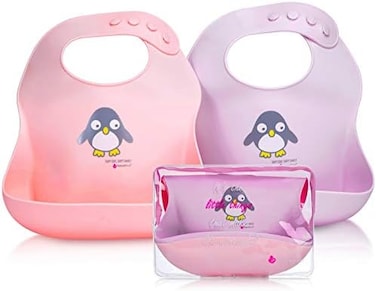 NatureBond Waterproof Baby Bibs, Silicone Weaning Bibs for BabiesToddlers, Set of 2 w/Carry Pouch (Cotton Candy PinkMacaron Lavender.