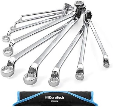 DURATECH Offset Box Wrench Set, Metric, 9-Piece, 6-23mm, 75-Degree, Chrome Vanadium Steel Construction with Rolling Pouch.