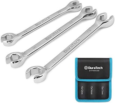 DURATECH Flare Nut Wrench Set, Metric, 3-piece, 10-17mm, Chrome Vanadium Steel, Organizer Pouch Included.