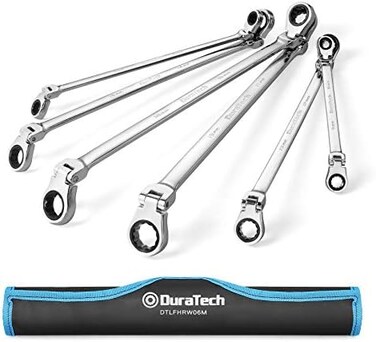 DURATECH Extra Long Flex-Head Ratcheting Wrench Set, Double Box End Wrench Set, 6-Piece, Metric 8-19mm, CR-V Steel, with Pouch.