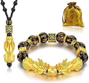 Winas Feng Shui Black Obsidian Wealth Bracelet Necklace Pi Xiu SetFeng Shui Bracelet for Women MenPi Xiu Good Luck Necklace Feng Shui Bracelet.