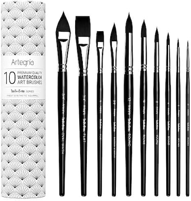 ARTEGRIA Watercolor Brush Set - 10 Professional Watercolor Paint Brushes for Artists - Soft Synthetic Squirrel Hair, Short Handles - Pointed Rounds, Flats, Dagger, Oval Wash for Water Color, Gouache.