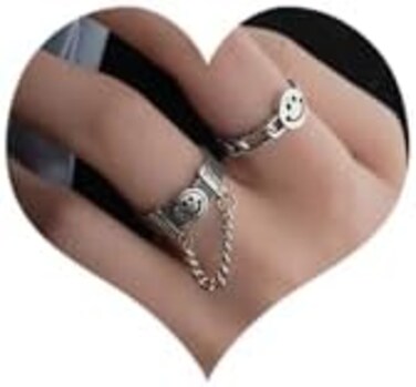 Aimimier Gothic S925 Knuckle Rings Set 2Pcs Smiley Finger Ring with Chain Tassel Half Open Midi Ring for Women or Men.