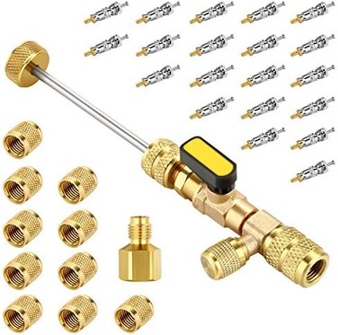 WADEO Valve Core Remover Installer Tool with Dual Size SAE 1/45/16 Port, 20 PCS Valve Cores with Teflon Seal and 10 PCS Brass Nuts, Compatible with R22 R12 R407 R410 R404 R32 R600 A/C.