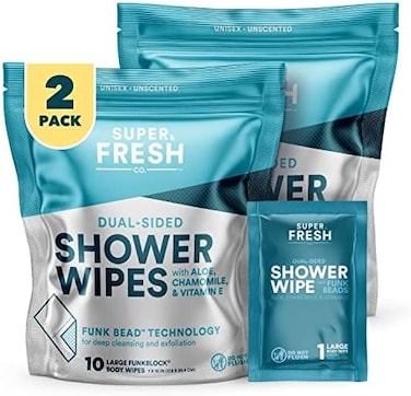 Super &amp; Fresh Co. FunkBlock Body Wipes: Large Shower Wipes Ideal for Hygiene, Body Cleansing, Camping Wipes, GymTravel. No Rinse Bathing Wipes with Aloe and Vitamin E. Bag of (20Unscented, Individuall