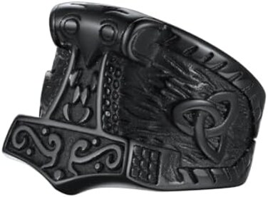FaithHeart Norse Viking Jewelry Mens Stainless Steel Vikings Thor's Hammer/Wolf Head Ring Valknut Warrior's Gothic Jewelry-Personalized Engrave.