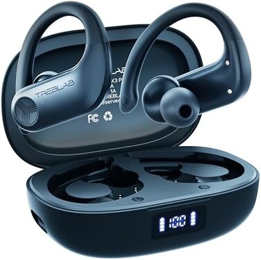 TREBLAB X3 Pro - Workout True Wireless Earbuds, Comfortable Earhooks, Bluetooth 5. 3, Punchy Bass, Noise Isolation, 145H Playtime, IPX5 Waterproof, Sweatproof, 2 Mics for Calls, Sport Bluetooth Earbud
