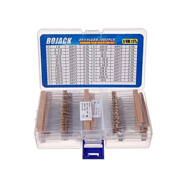 BOJACK Resistors Assortment Kit 1 Ohm - 1M Ohm 1/4W Carbon Film Resistor Kit (25 Values 1000 Pieces.