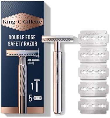 King C. Gillette Safety Razor with Chrome Plated Handle and 5 Platinum Coated Double Edge Blade Refills.
