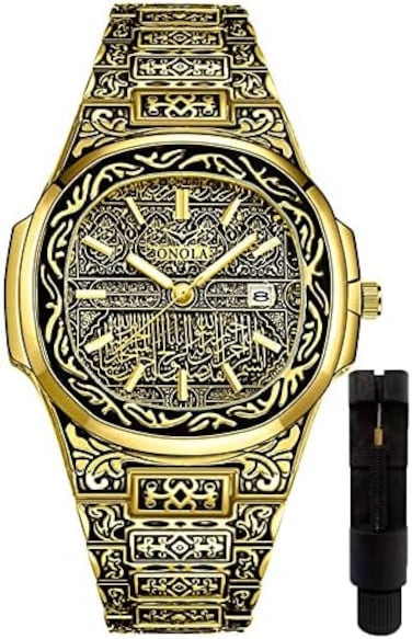 HUNRUY Retro Watches for Men Quartz Watches Tattoo Pattern Carved Stainless Steel Bracelet Waterproof Wrist Watch.