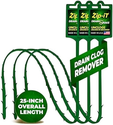 Zip-It Hair Clog Removal 25-inch Overall Length Drain Snake Cleaner (3-Pack, Unclog Your Sink, Shower,Tub In Seconds &ndash; Non-toxic, Made in the USA.