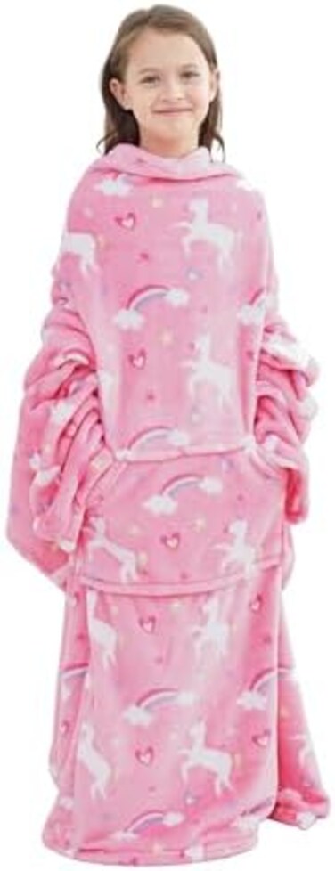 softan Wearable Fleece Blanket with SleevesFoot Pocket for Kids Boys Girls Children,Lightweight Soft Blanket with Sleeves and HookLoop 55" x 48" Pink Unicorn.