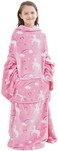 softan Wearable Fleece Blanket with SleevesFoot Pocket for Kids Boys Girls Children,Lightweight Soft Blanket with Sleeves and HookLoop 55" x 48" Pink Unicorn.